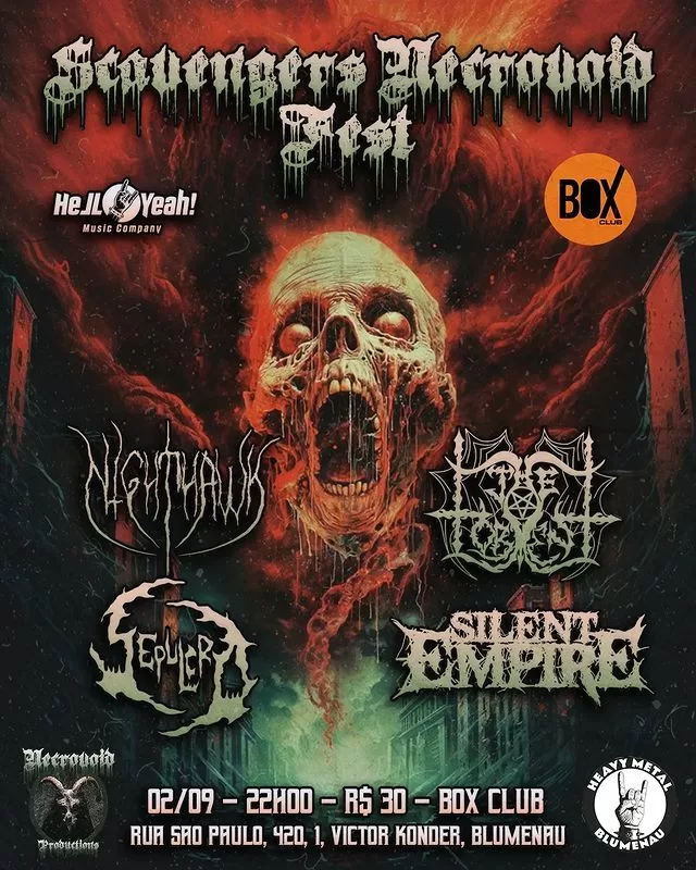 Scavengers Necrovoid Fest com as bandas Nighthawk, The Torment Horde, Sepulcro e Silent Empire em Blumenau-SC