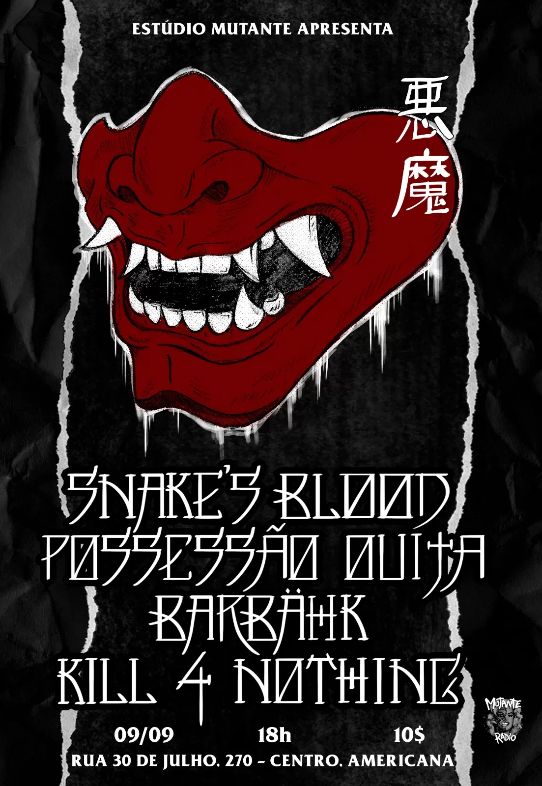 Snake’s Blood, Possessão Ouija, BarbähK e Kill For Nothing em Americana-SP dia 09 de Setembro