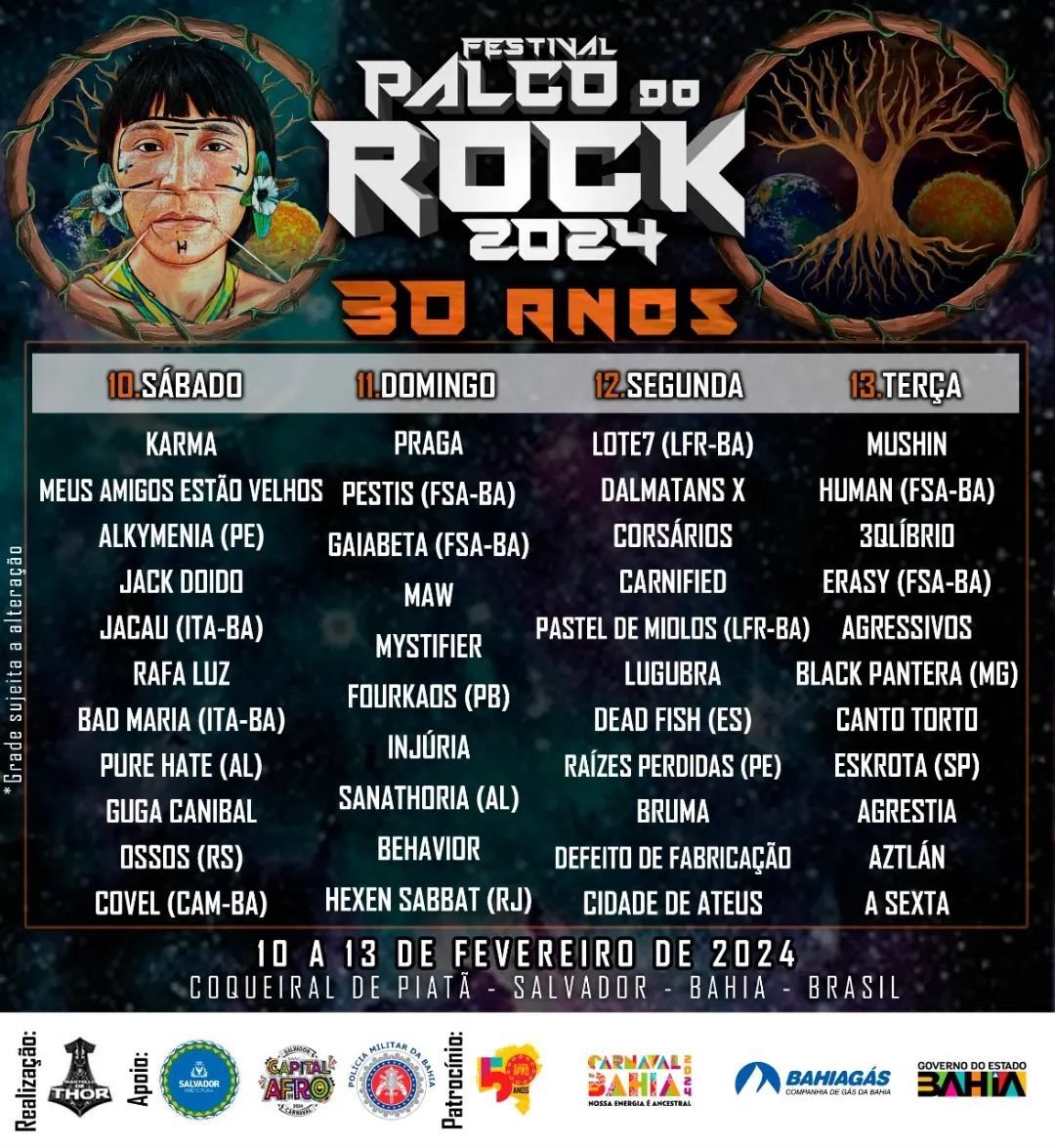 Festival Palco do Rock 2024 acontece durante o carnaval na Bahia com Dead Fish, Black Pantera, Eskröta, Fourkaos e mais 40 bandas
