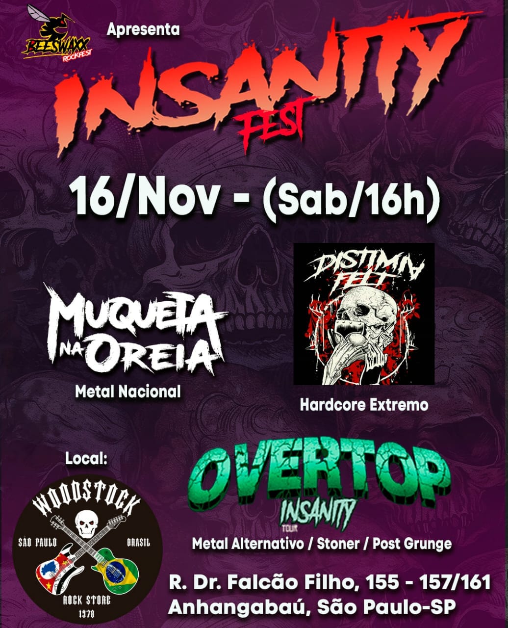 Insanity Fest: Evento gratuito com Muqueta na Oreia, Overtop e Distimia Felt dia 16 de Novembro em São Paulo-SP